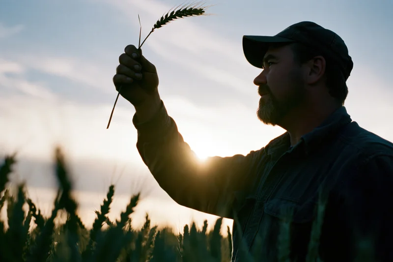 Farmer holding wheat stalk in field at sunset