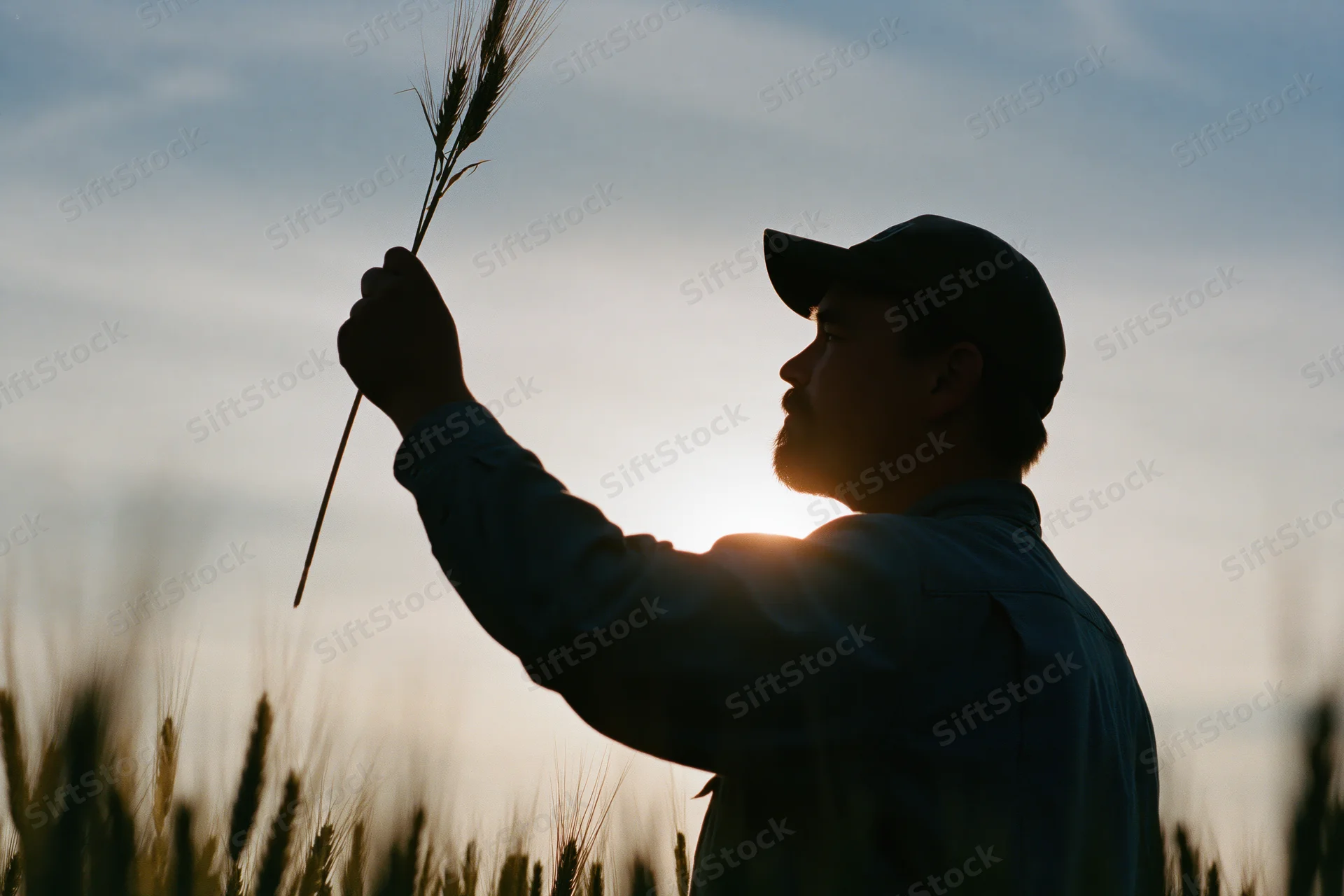 Farmer holding wheat stalk in field at sunset