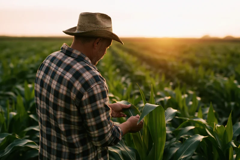 Farmer inspecting corn plants in a field at sunset