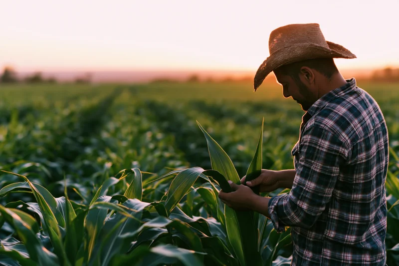 Farmer inspecting corn plants in a field at sunset