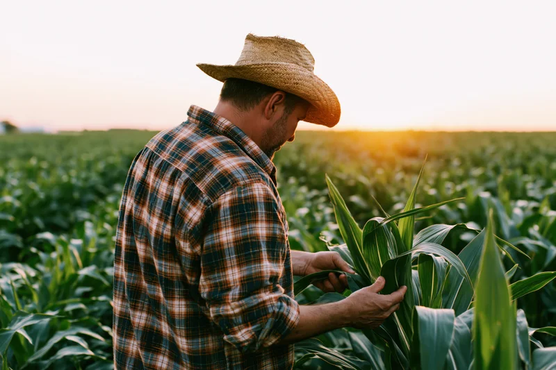 Farmer inspecting corn plants in a field at sunset