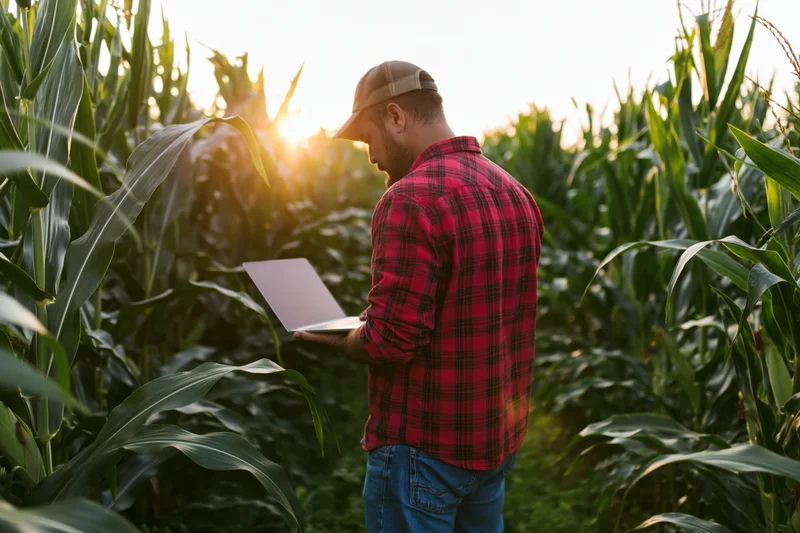 Farmer using laptop in cornfield at sunset