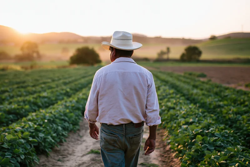 Farmer walking down dirt path between rows of crops at sunset in rural field