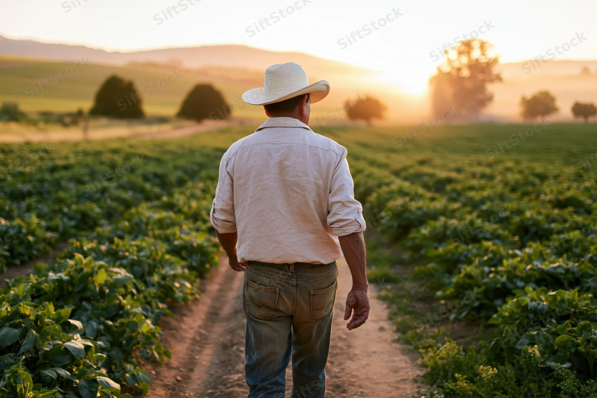 Farmer walking away from camera down a dirt path through rows of crops in a field at sunset