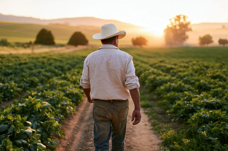 Farmer walking away from camera down a dirt path through rows of crops in a field at sunset