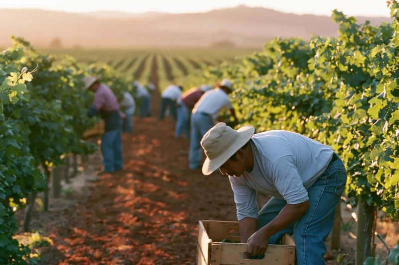 Farmworker bending to place grapes into a wooden crate in a vineyard row at sunset