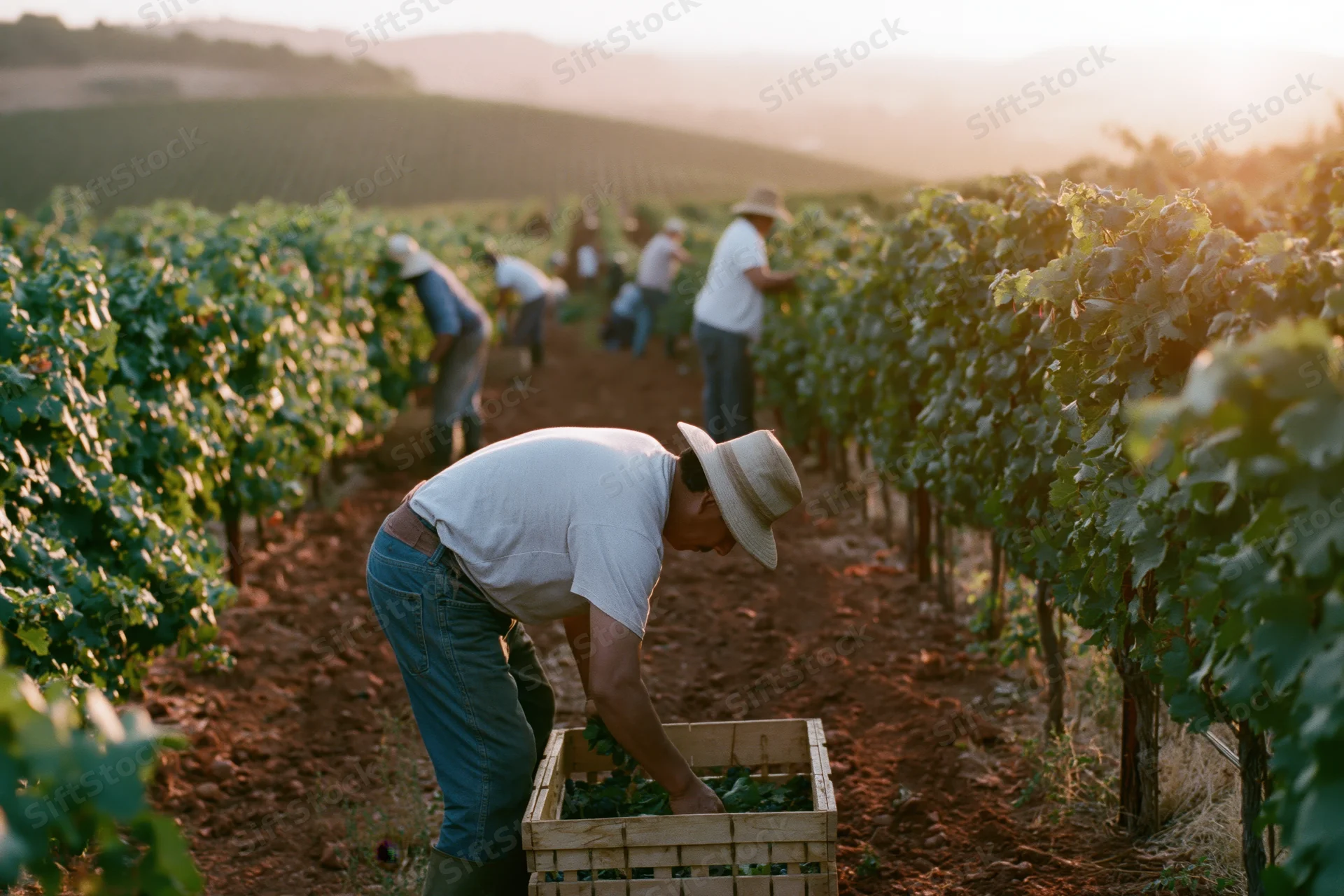 Farmworker bending to place harvested grapes into a wooden crate in a vineyard row at sunset