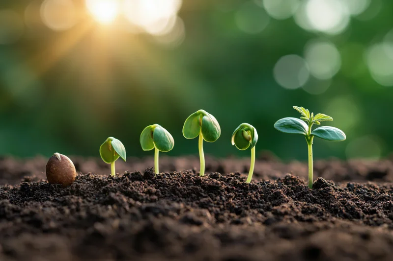 Five seedlings at different growth stages emerging from dark soil in sunlight