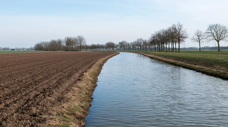 Canal running through a ploughed field in a flat dutch polder landscape in early spring