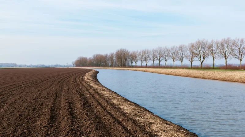 Ploughed field alongside a canal in a flat dutch polder landscape in early spring