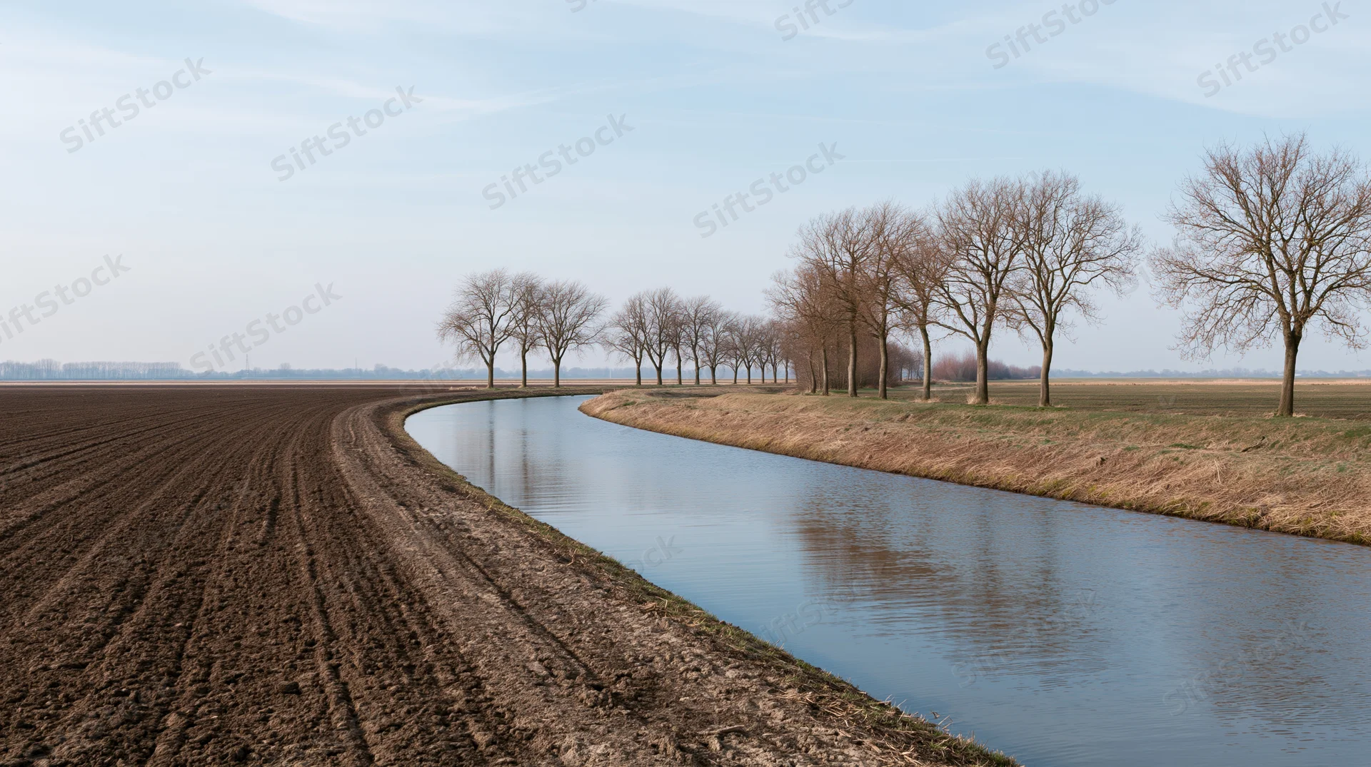 Flat dutch polder landscape with ploughed field and canal lined with bare trees in early spring