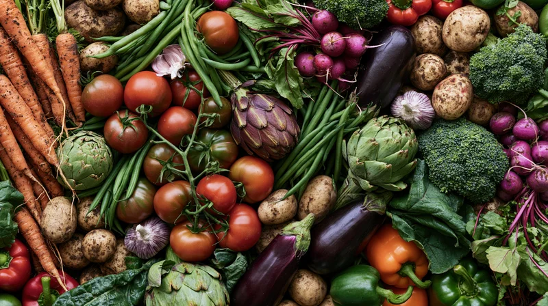 Overhead flat lay of fresh raw vegetables arranged densely in a colorful assortment