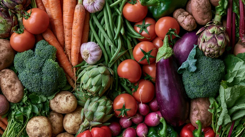 Overhead flat lay of fresh raw vegetables arranged densely on surface