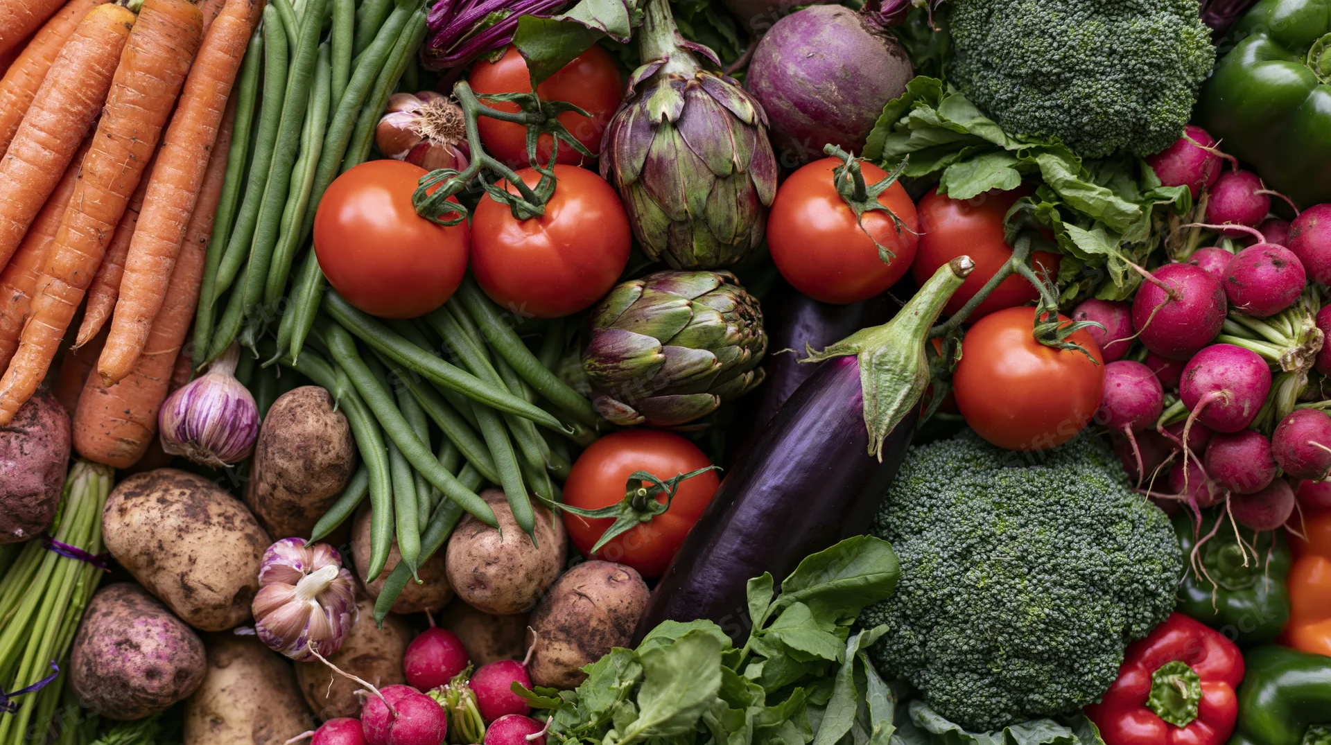 Overhead flat lay of fresh raw vegetables arranged in dense composition