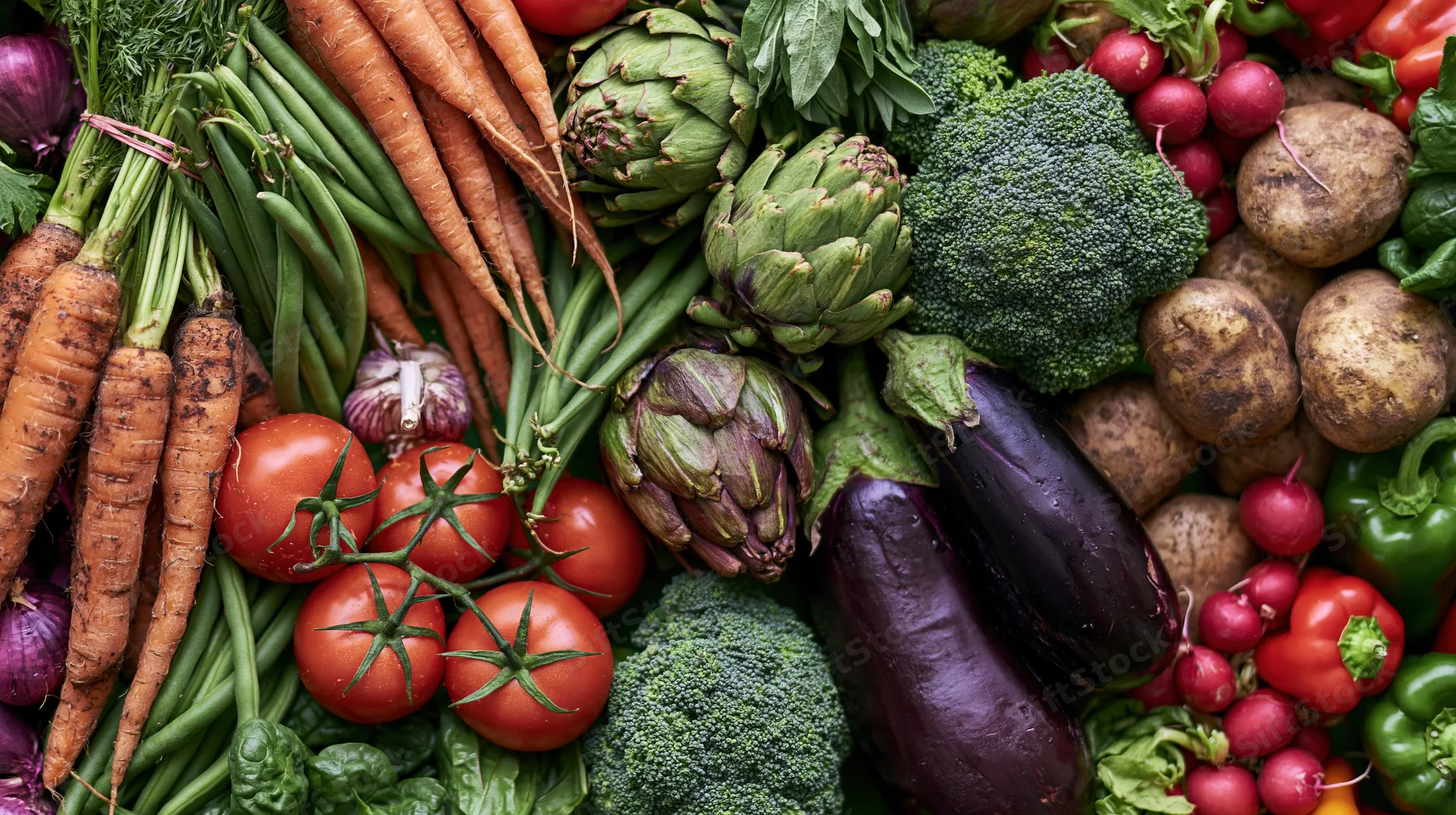 Overhead flat lay of assorted fresh raw vegetables arranged densely on surface