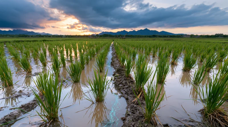 Flooded rice paddy field with young green seedlings in neat rows under sunset sky with mountain horizon