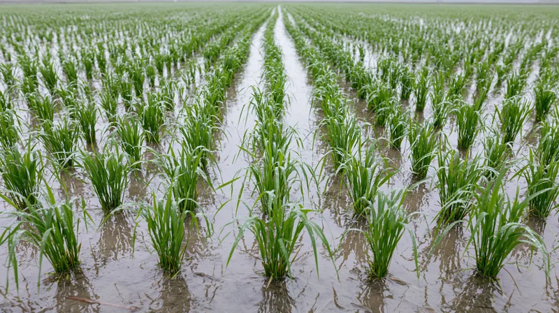 Young rice seedlings growing in flooded rows across a paddy field