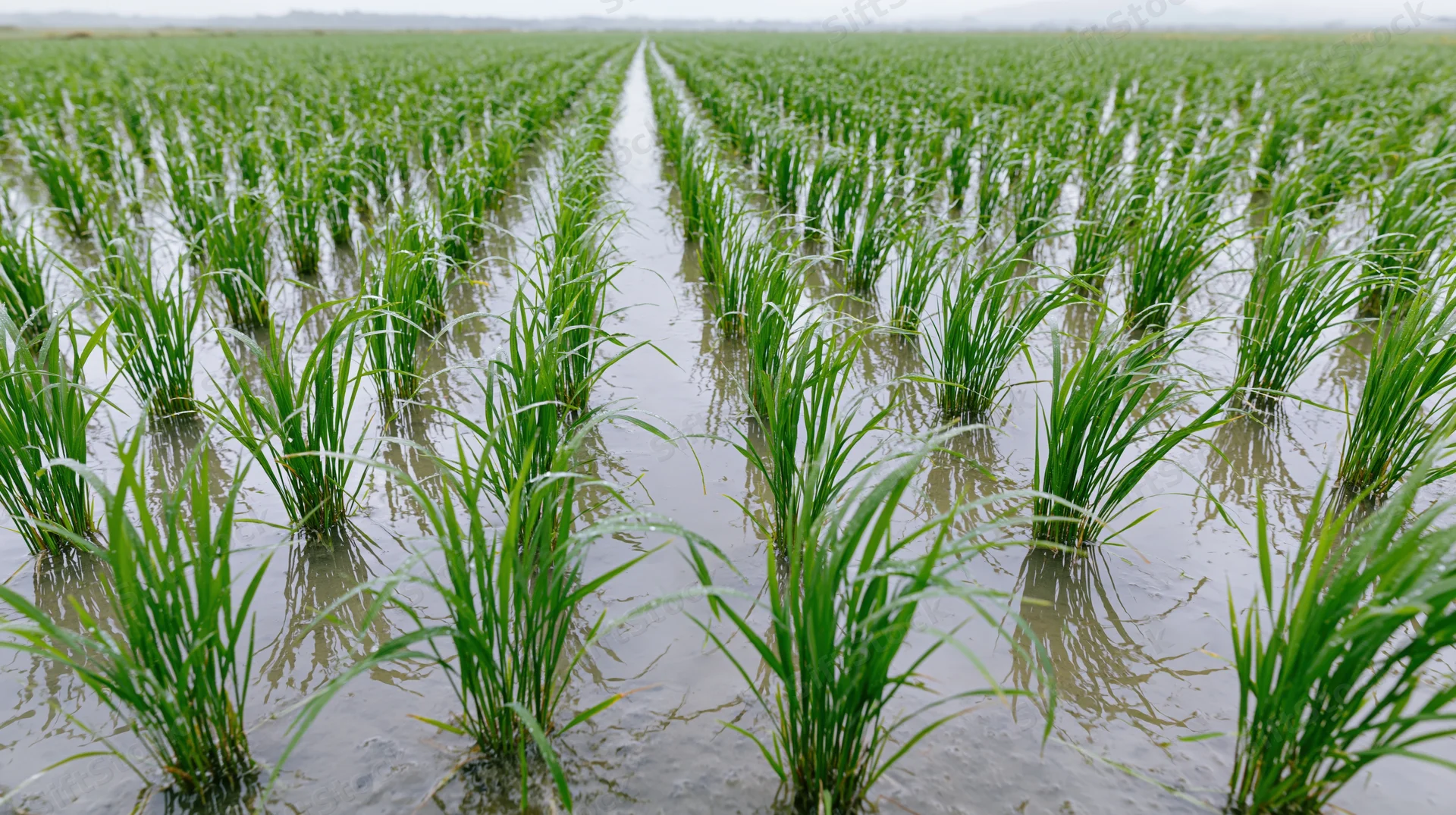 Young green rice seedlings growing in flooded rows across a vast paddy field