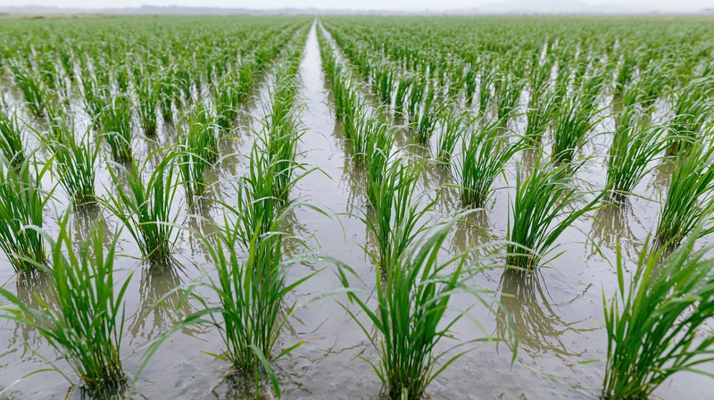 Flooded rice paddy field with seedlings planted in rows