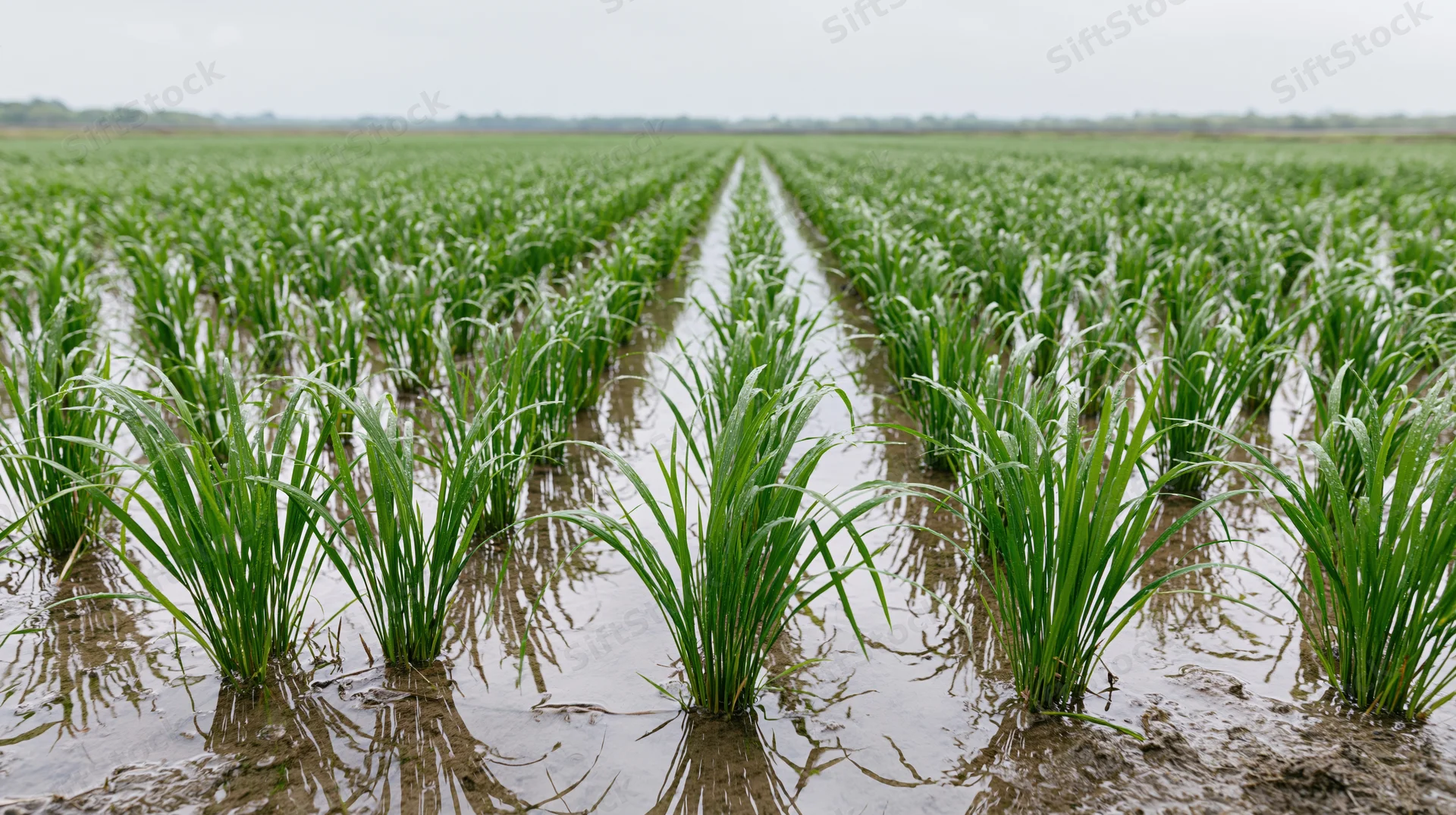 Young rice seedlings growing in flooded rows across a paddy field