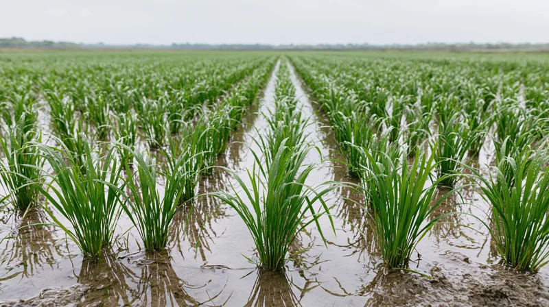 Young rice seedlings growing in flooded rows across a paddy field