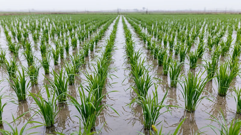 Rows of young green rice seedlings growing in flooded paddy field under overcast sky