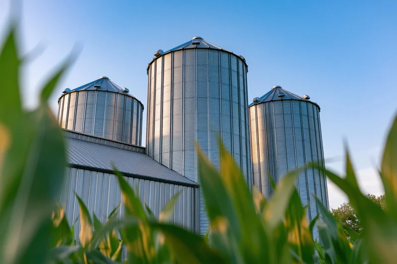 Three corrugated steel grain silos rising above a cornfield under a clear blue sky