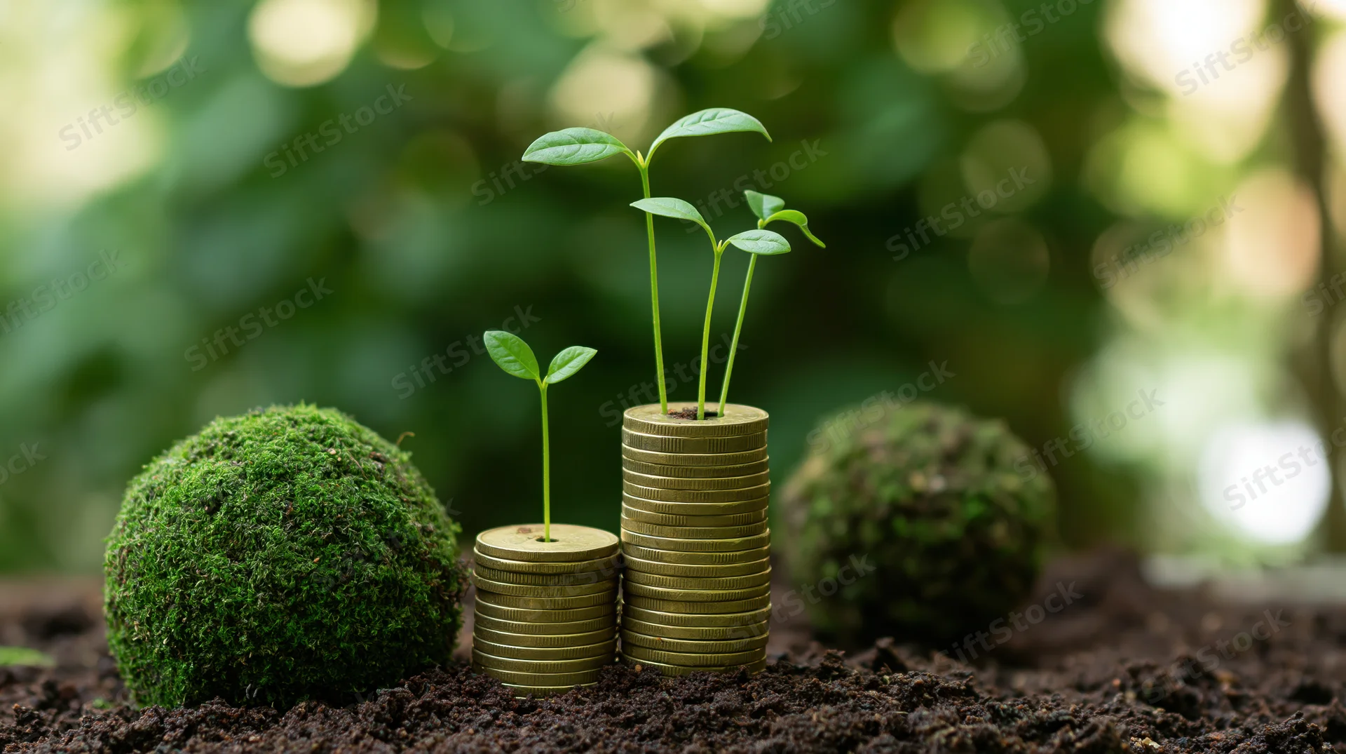 Seedlings growing from stacked coins in soil with moss balls nearby