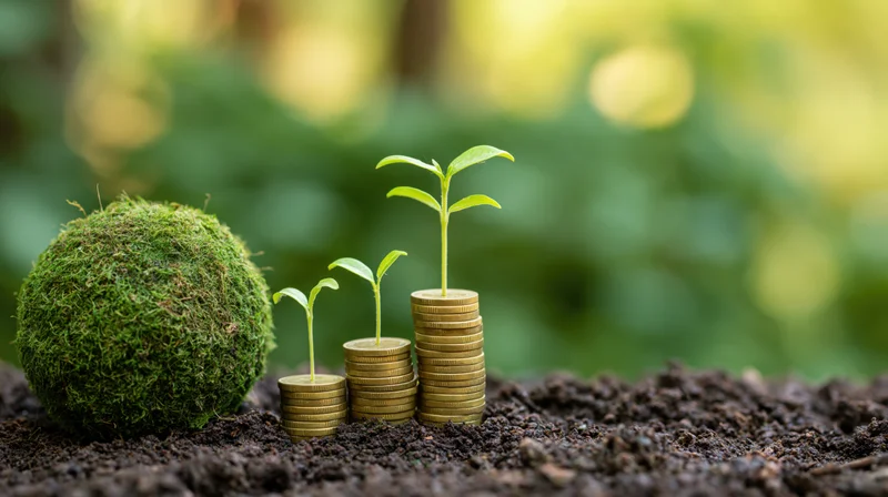Seedlings growing from stacked coins in soil beside a moss ball