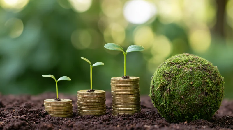 Seedlings growing from stacked coins in soil beside a moss-covered sphere in a natural outdoor setting