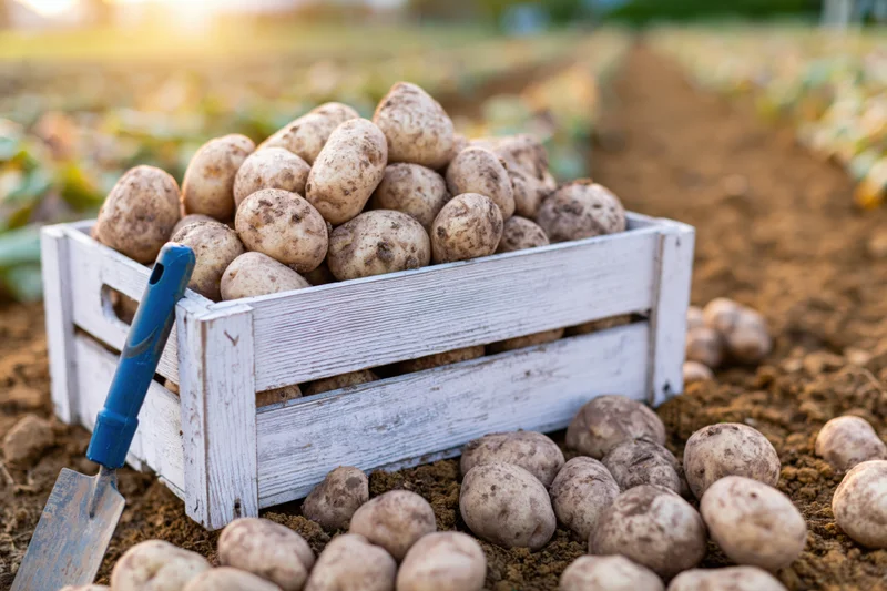Freshly harvested potatoes in a white wooden crate on a farm field with a blue trowel beside it
