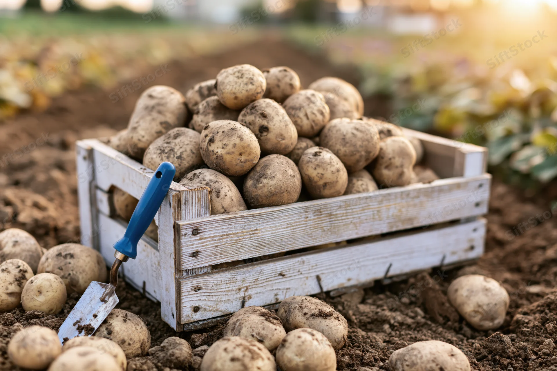 Freshly harvested potatoes piled in a weathered white wooden crate on a farm field at sunset