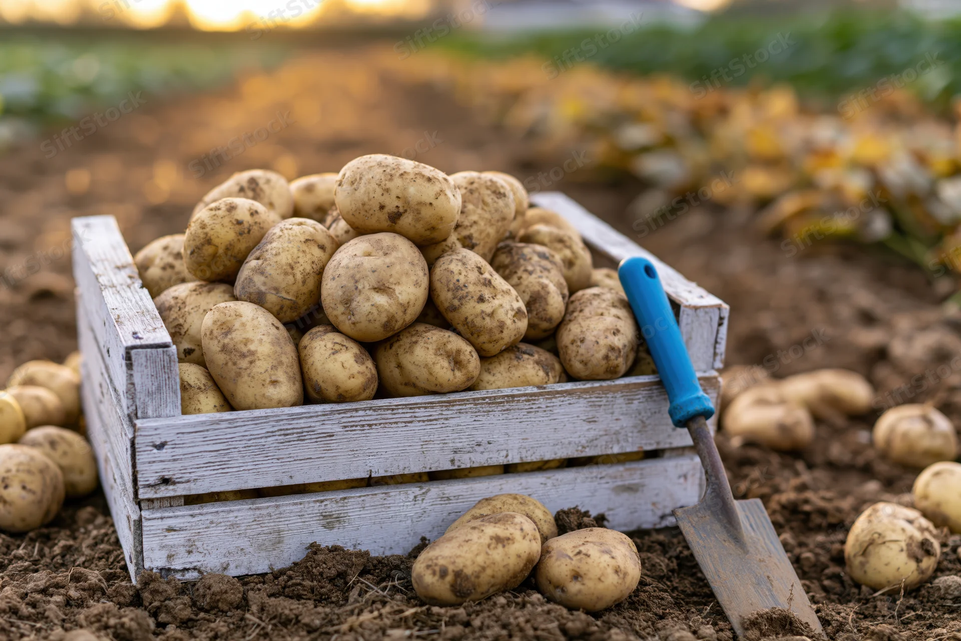Freshly harvested potatoes piled in a weathered white wooden crate on a farm field with a blue-handled trowel beside it