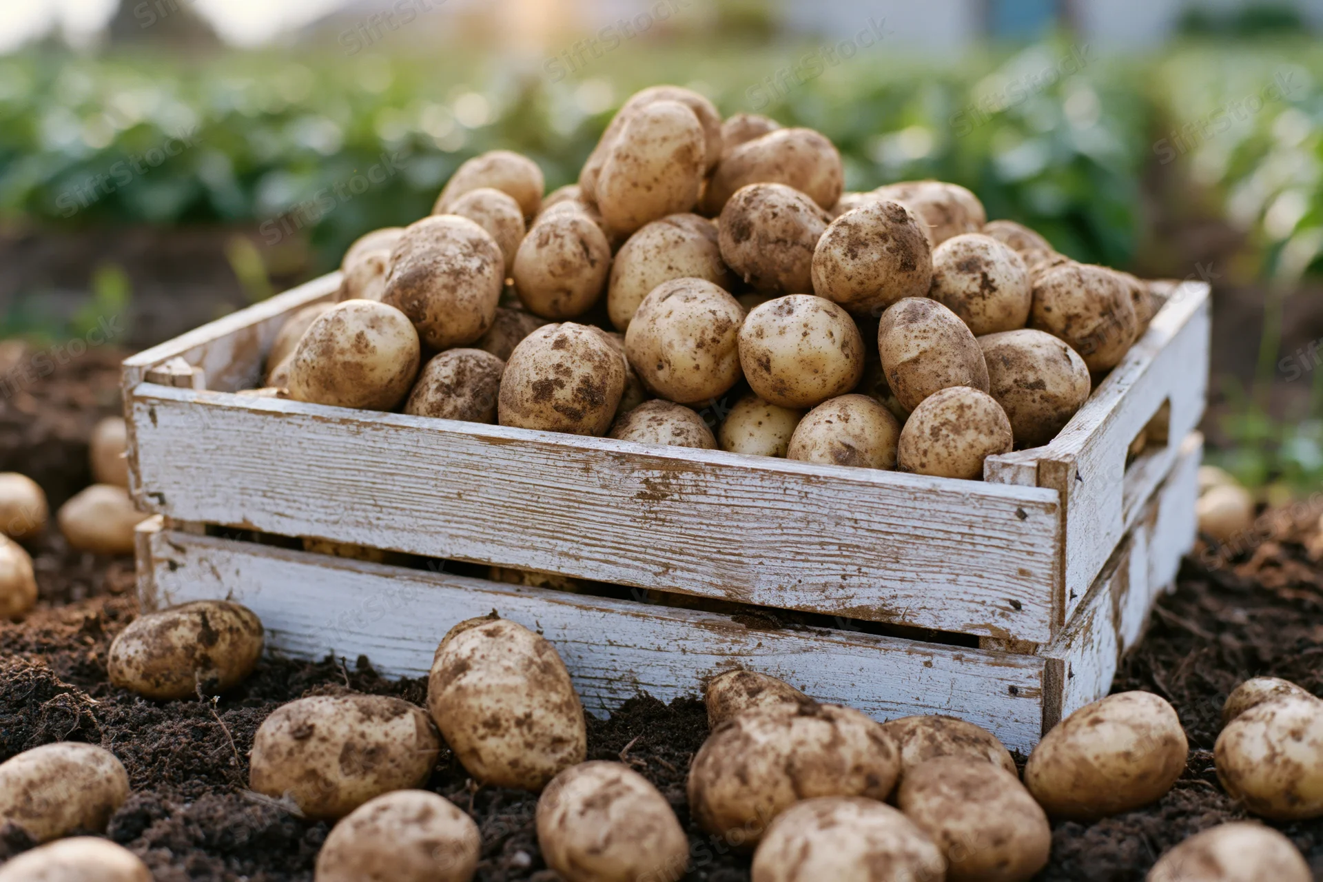 Freshly harvested potatoes piled in a weathered white wooden crate on a farm field