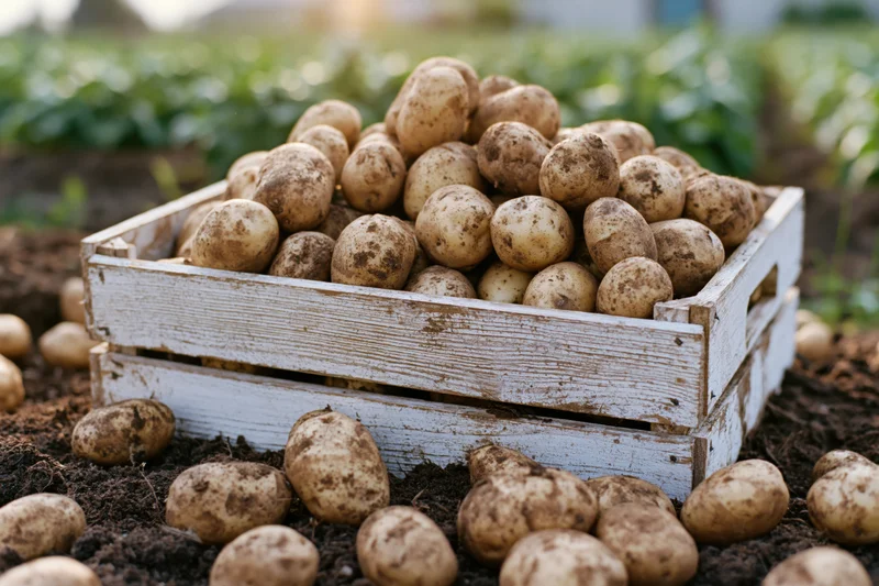Freshly harvested potatoes piled in a weathered white wooden crate on a farm field