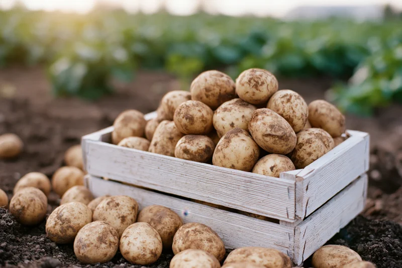 Freshly harvested potatoes piled in a weathered white wooden crate on a farm field