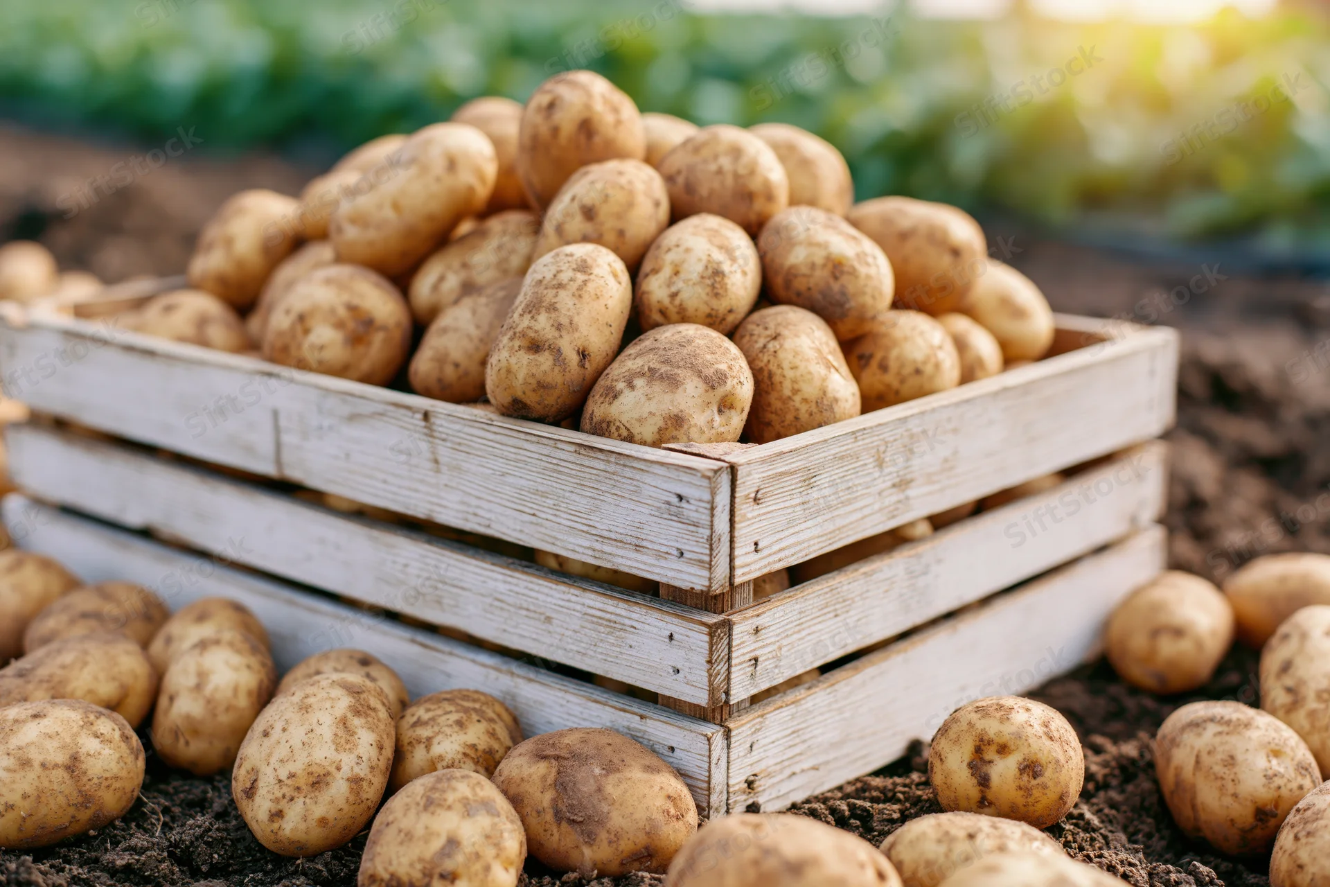 Freshly harvested potatoes piled in a weathered white wooden crate on a farm field
