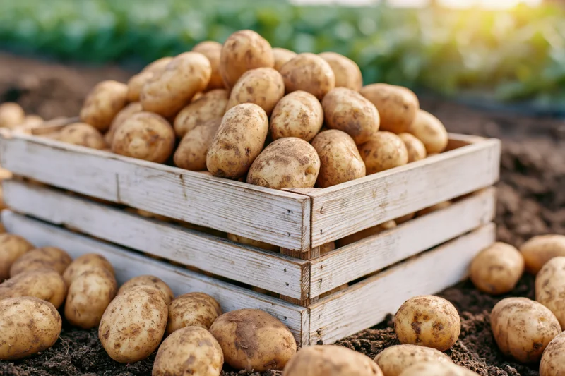 Freshly harvested potatoes piled in a weathered white wooden crate on a farm field