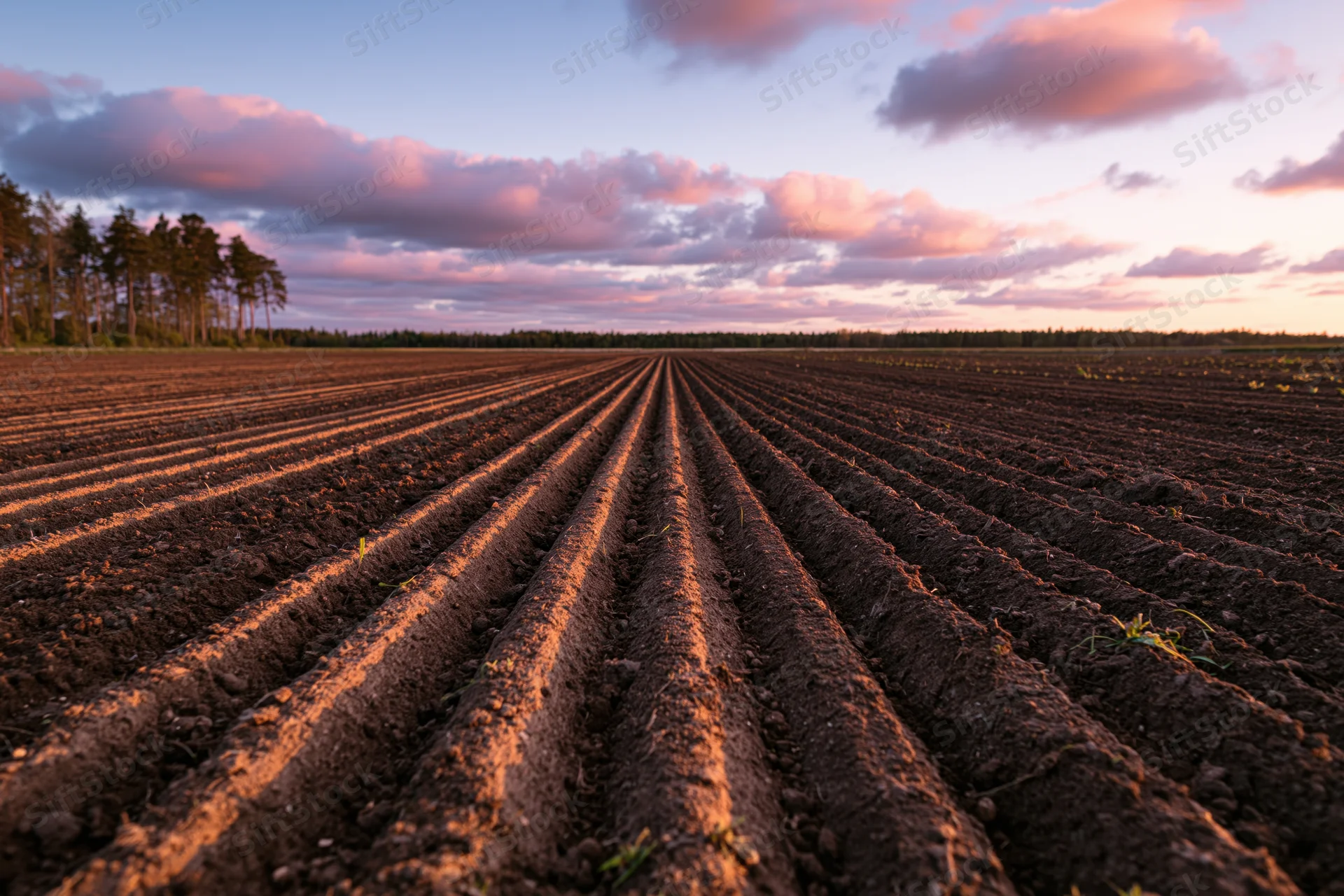 Freshly plowed field with deep parallel furrows stretching toward the horizon under a twilight sky