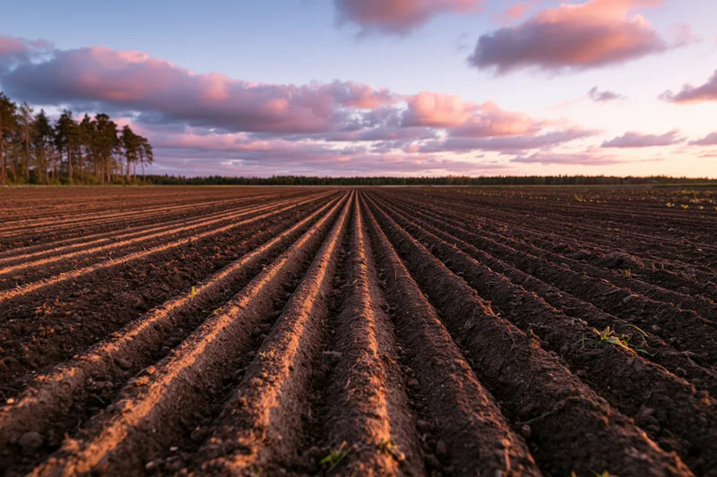 Freshly plowed field with deep parallel furrows stretching toward the horizon under a twilight sky