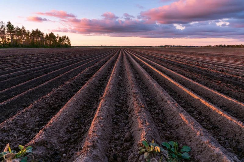Freshly plowed agricultural field with deep parallel furrows under twilight sky