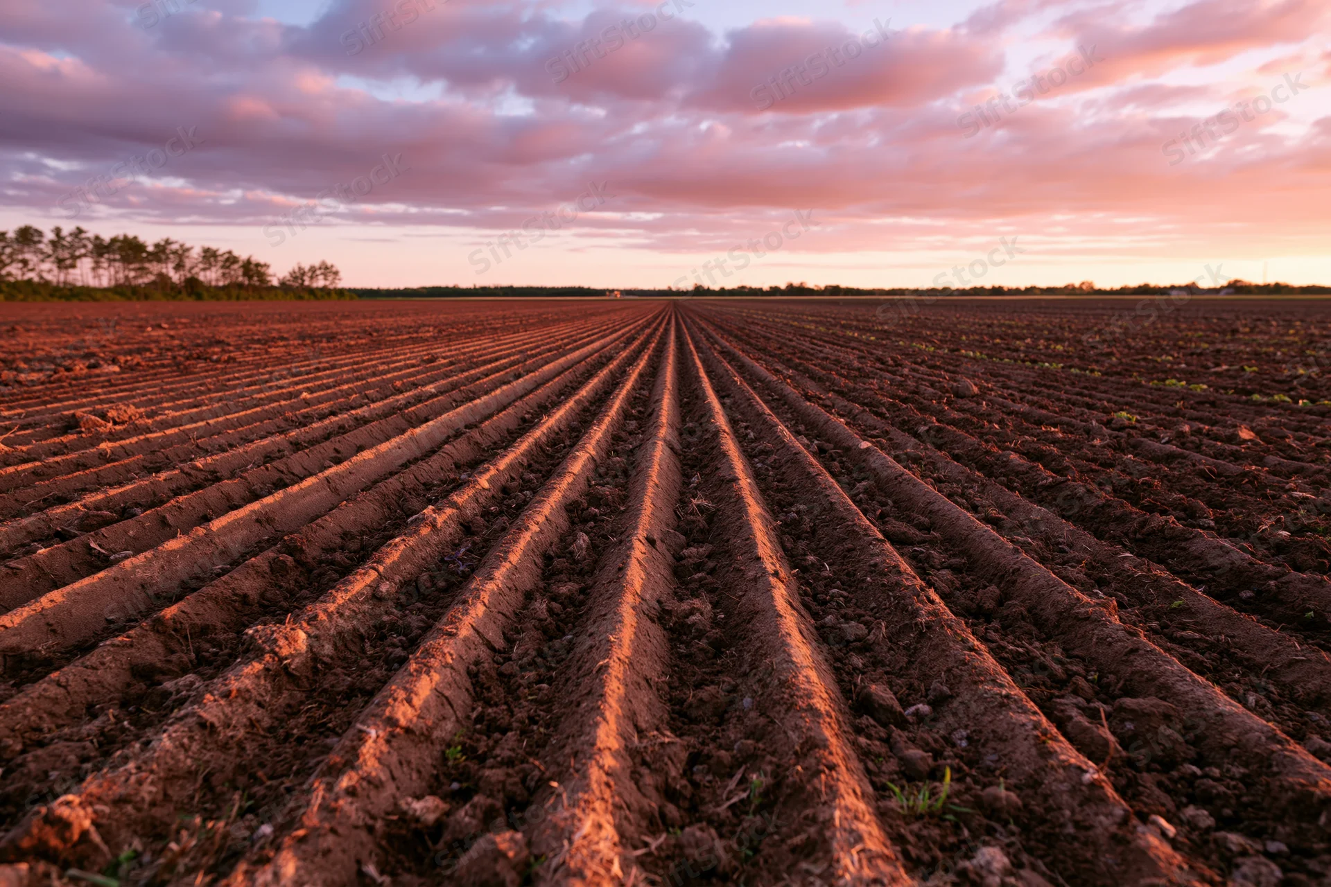 Freshly plowed agricultural field with deep parallel furrows under a twilight sky