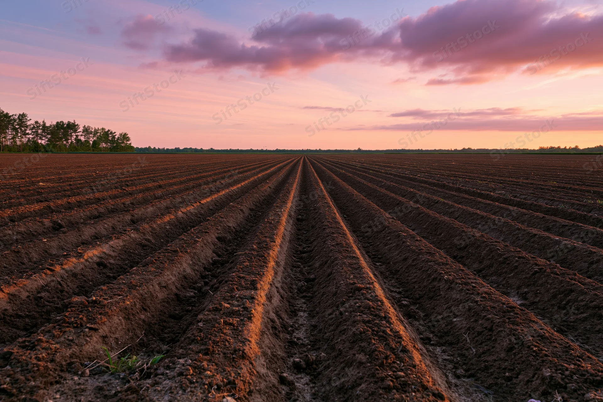 Freshly plowed field with deep parallel furrows under a twilight sky