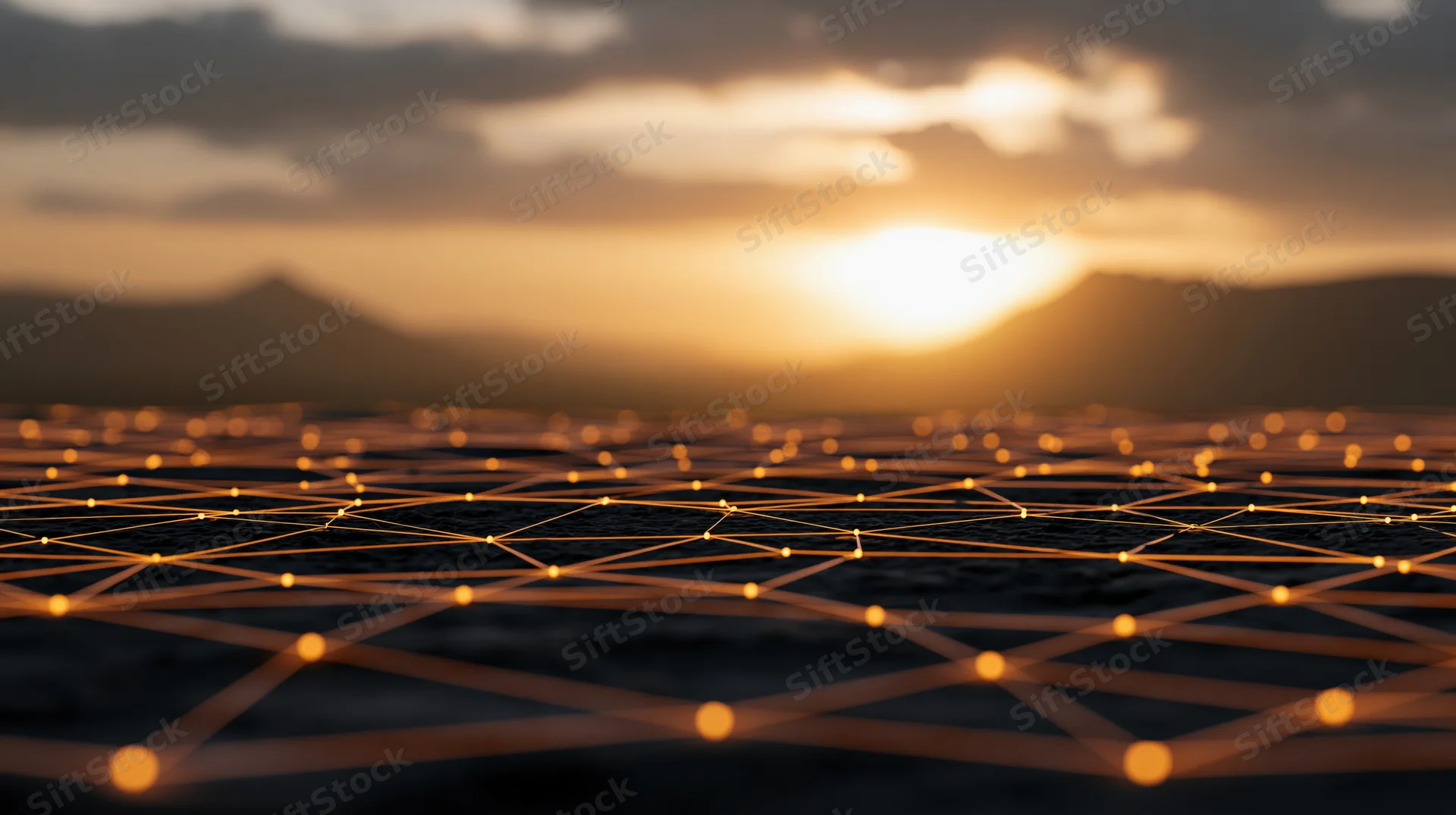 Glowing geometric network grid of interconnected nodes and lines over a sunset landscape