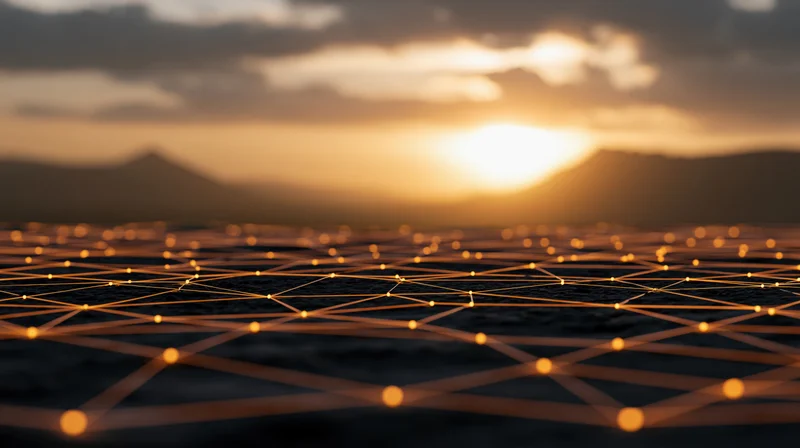 Glowing geometric network grid of interconnected nodes and lines over a sunset landscape
