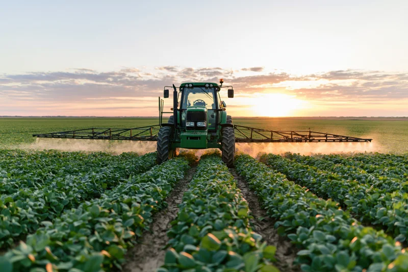 Green tractor spraying crops in a soybean field at sunset