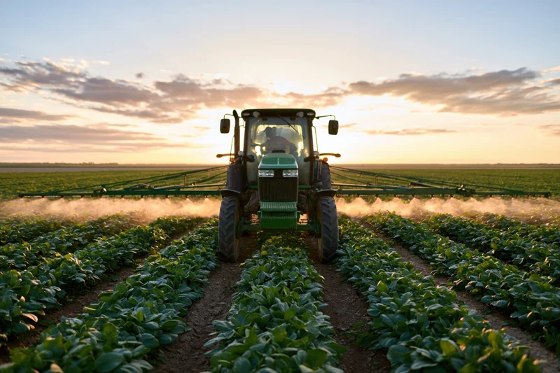 Green tractor spraying crops in a soybean field at sunset
