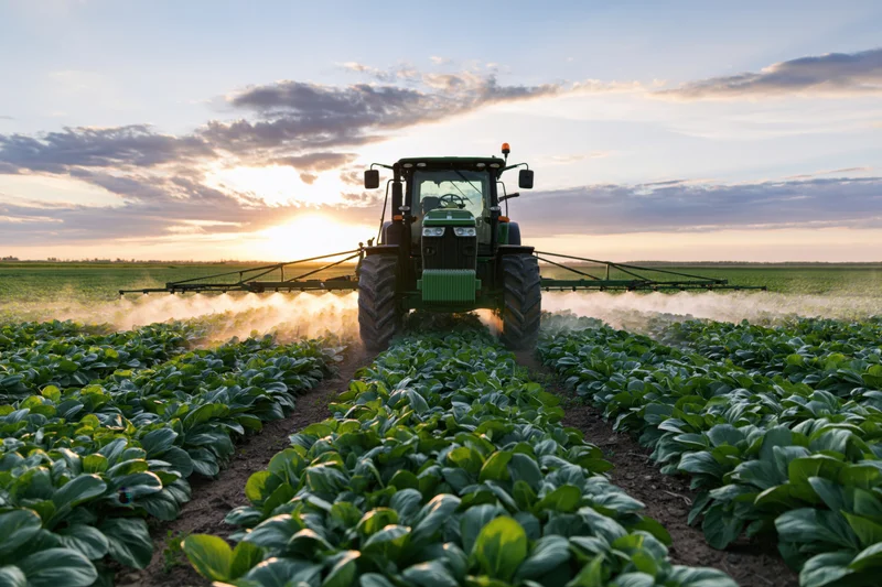 Green tractor spraying crops in a field at sunset