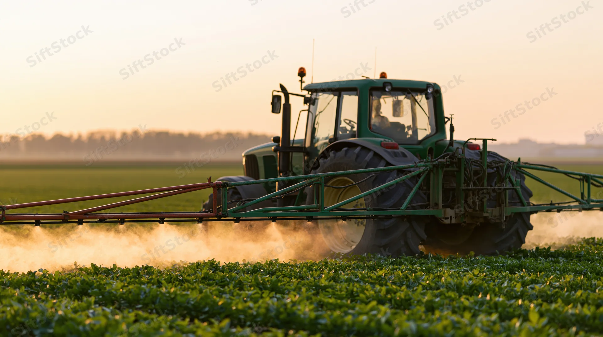 Green tractor with extended boom sprayer applying pesticide in a field at sunset