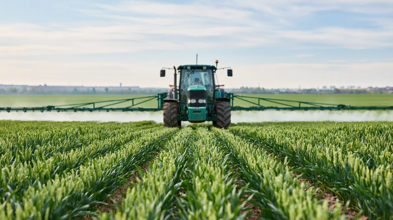 Green farm tractor with spray boom applying pesticide mixture